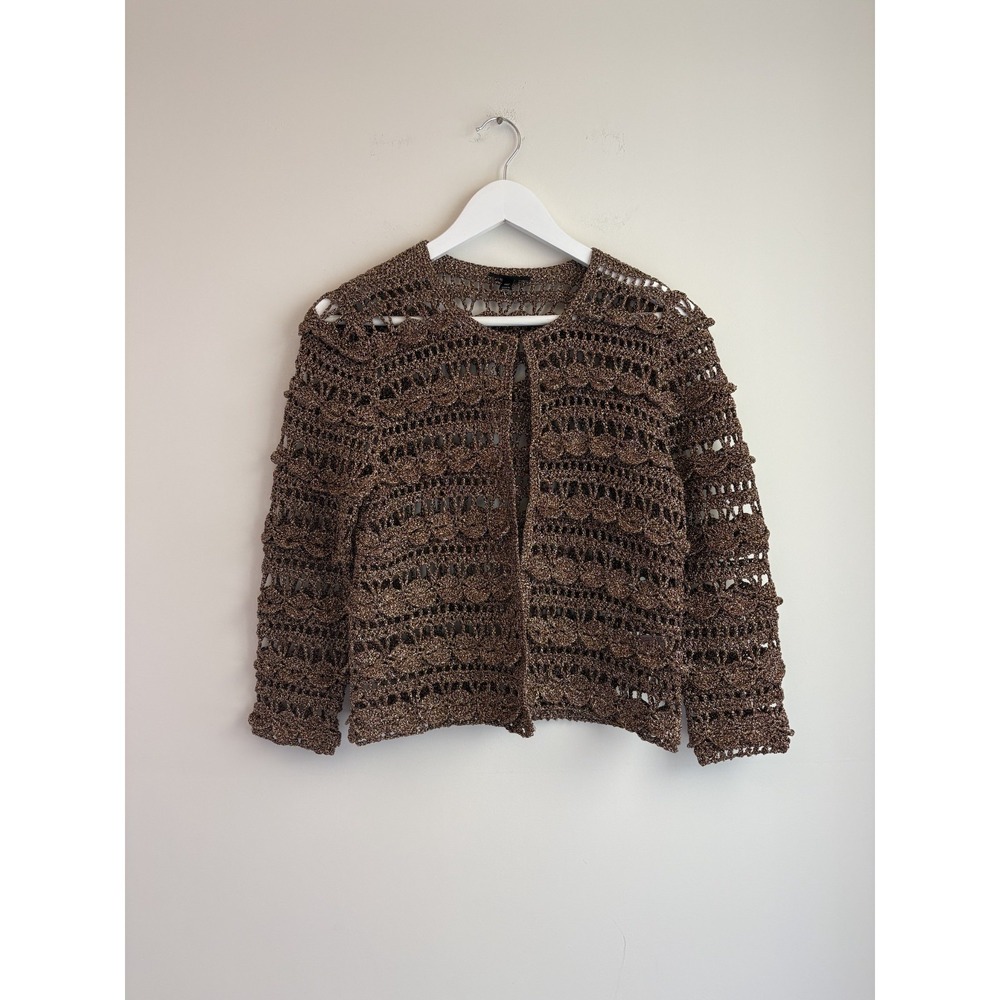 Topshop Women's Metallic Open Knit Crochet Cardigan Sweater Bronze Copper S - Picture 2 of 13